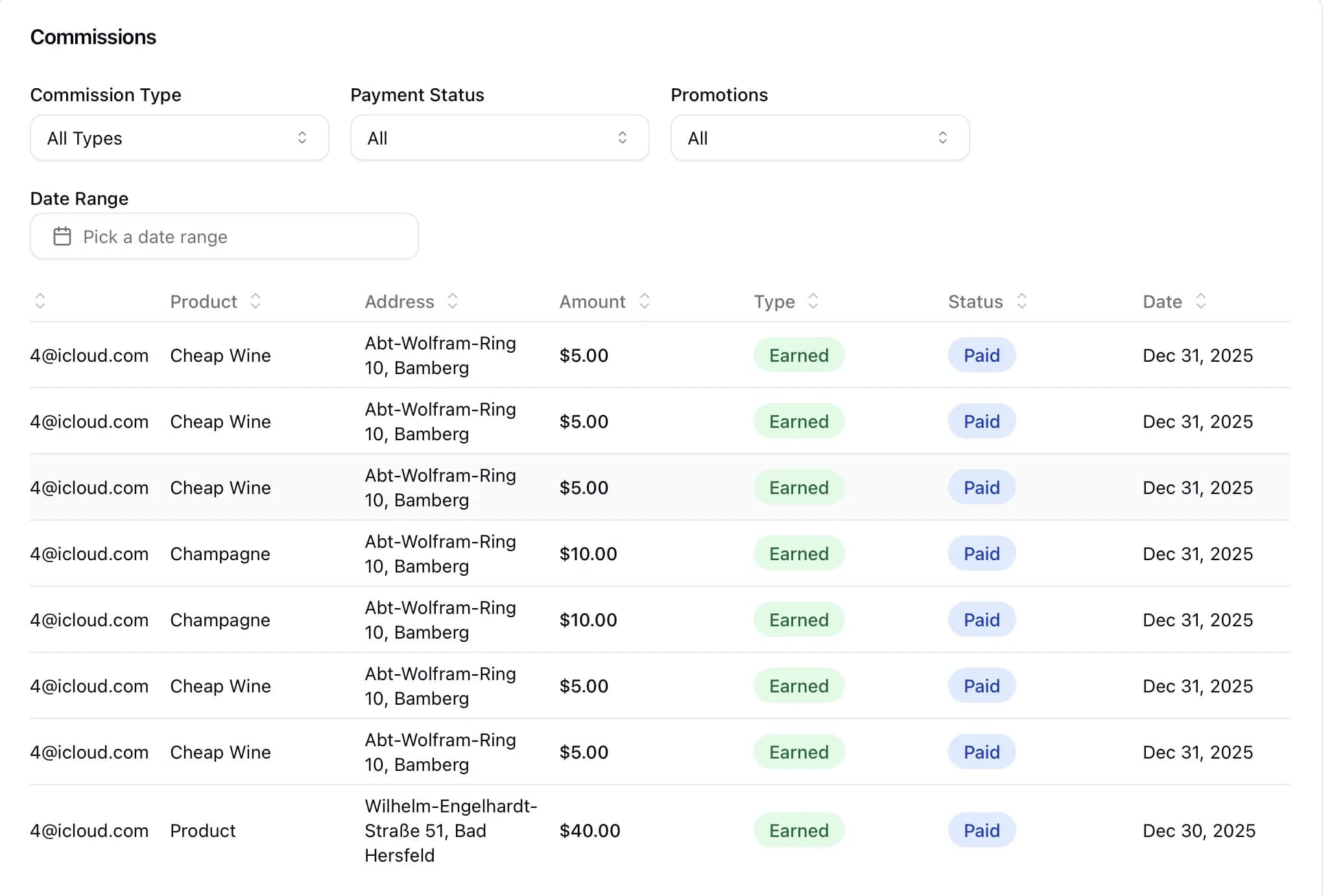 Screenshot: Commission calculations or commission report view
