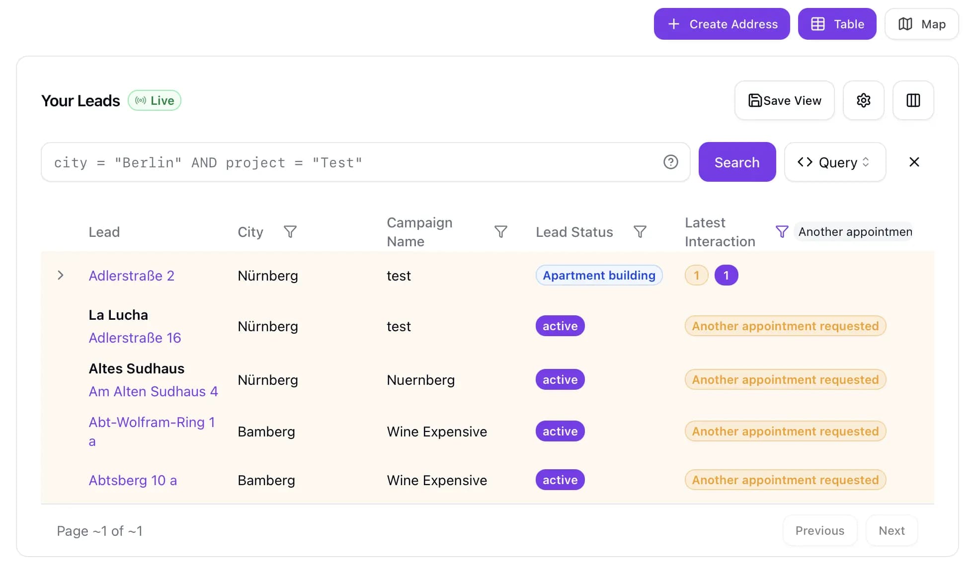 Screenshot: Interaction list showing logged visits and customer history